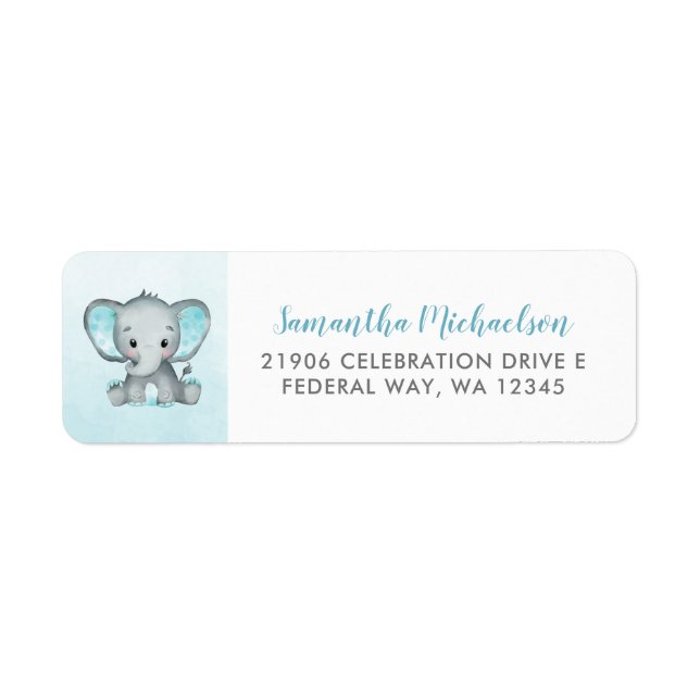 Cute Elephant Turquiose Baby Shower Return Address (Front)
