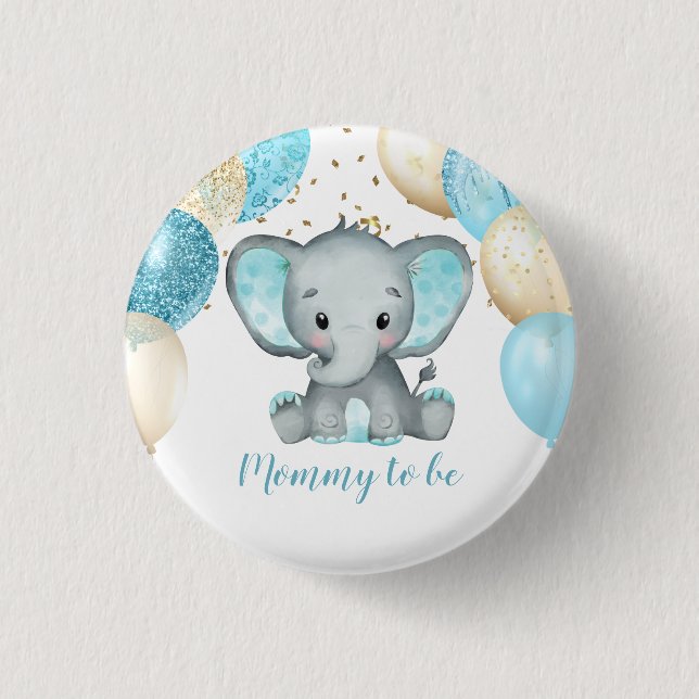 Cute Elephant Turquiose Gold Balloons Baby Shower 3 Cm Round Badge (Front)