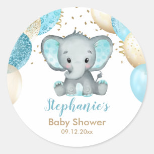 Cute Elephant Turquiose Gold Balloons Baby Shower Classic Round Sticker