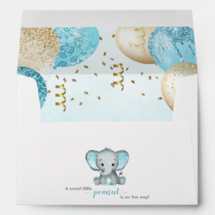 Cute Elephant Turquiose Gold Balloons Baby Shower Envelope