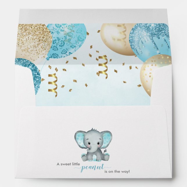 Cute Elephant Turquiose Gold Balloons Baby Shower Envelope (Back (Bottom))
