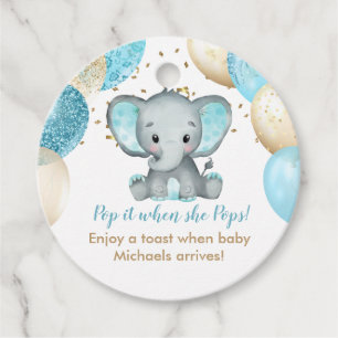 Cute Elephant Turquiose Gold Balloons Baby Shower Favour Tags