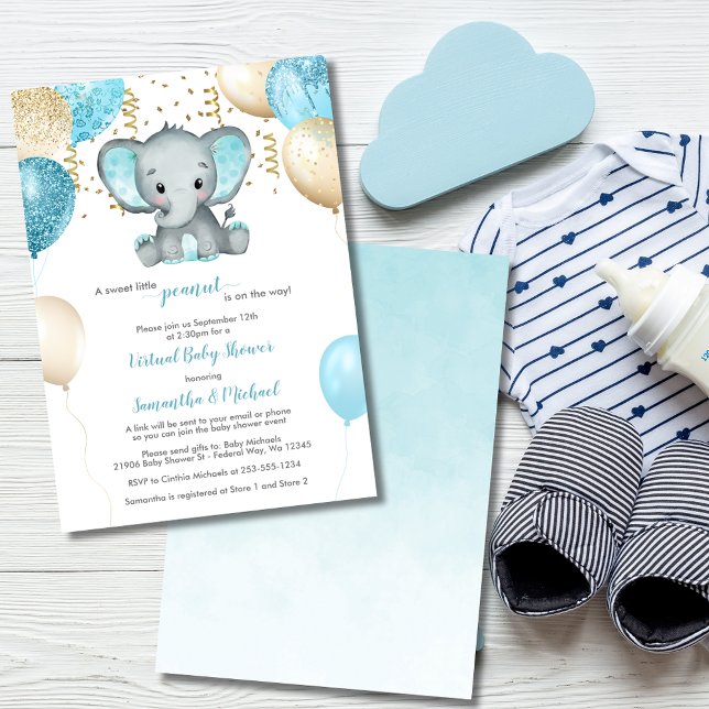 Cute Elephant Turquiose Gold Balloons Baby Shower Invitation (Cute Elephant Turquiose Gold Balloons Baby Shower Invitation)