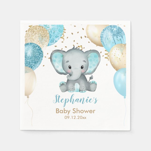 Cute Elephant Turquiose Gold Balloons Baby Shower Napkin (Front)