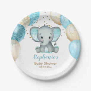 Cute Elephant Turquiose Gold Balloons Baby Shower Paper Plate