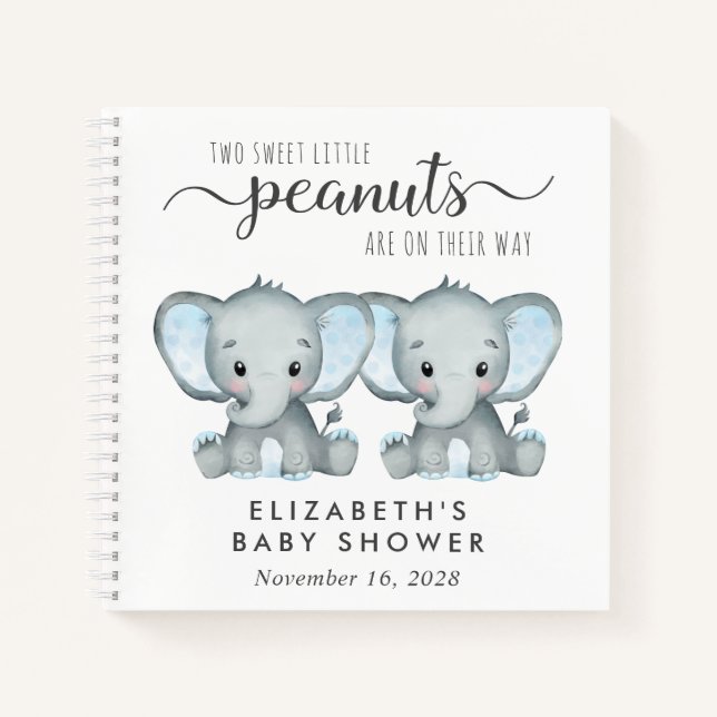 Cute Elephant Twin Boys Baby Shower Guest Book (Front)