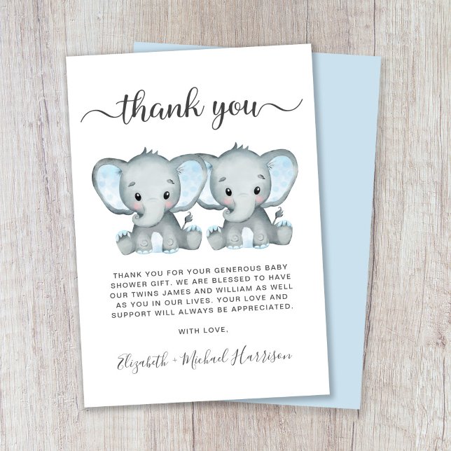Cute Elephant Twin Boys Baby Shower Thank You Card (Creator Uploaded)