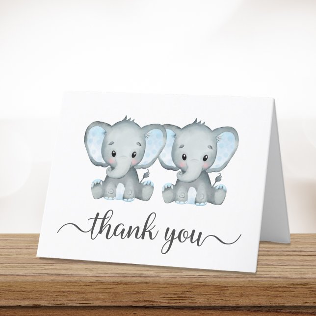 Cute Elephant Twin Boys Baby Shower Thank You Card (Creator Uploaded)