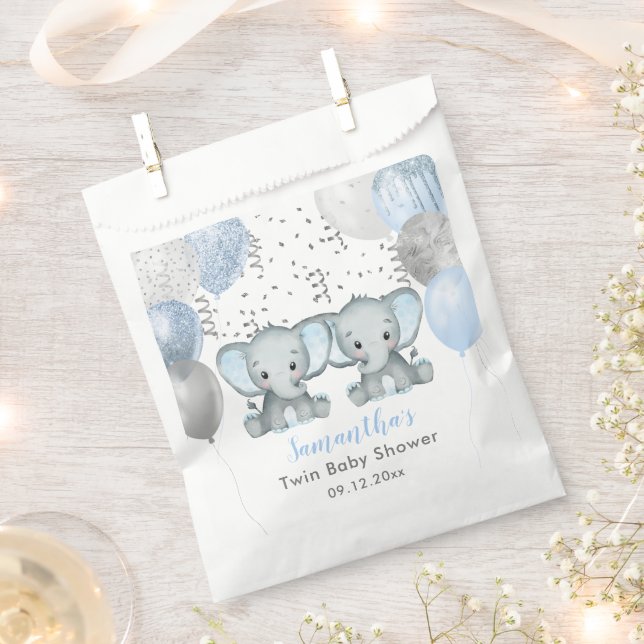 Cute Elephant Twin Boys Balloon Baby Shower Favour Bags (Clipped)
