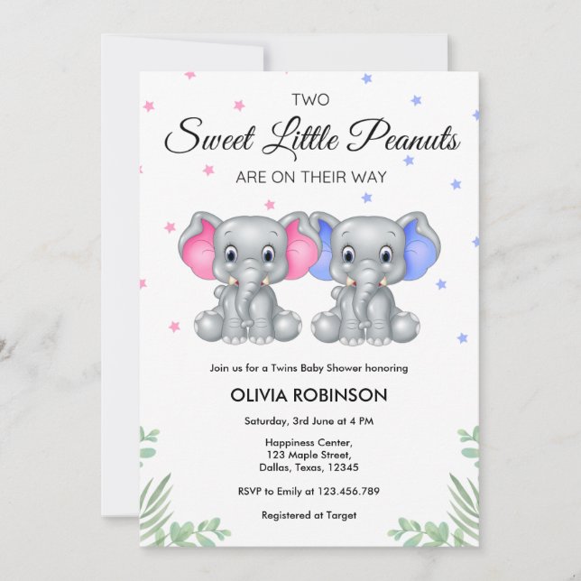 Cute Elephant Twin Girl Boy Baby Shower  Invitation (Front)