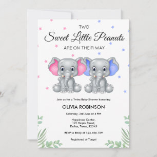 Cute Elephant Twin Girl Boy Baby Shower Invitation