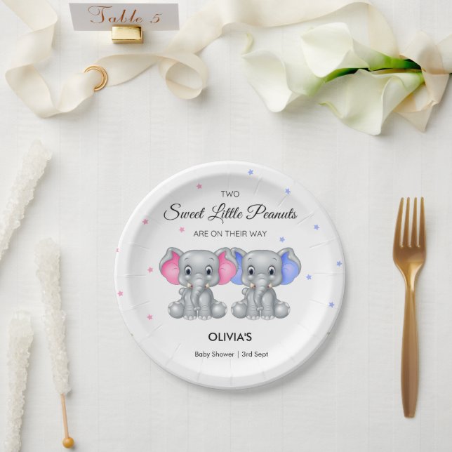 Cute Elephant Twin Girl Boy Baby Shower  Paper Plate (Wedding)