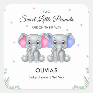 Cute Elephant Twin Girl Boy Baby Shower Square Sticker