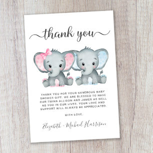 Cute Elephant Twin Girl Boy Baby Shower Thank You Card