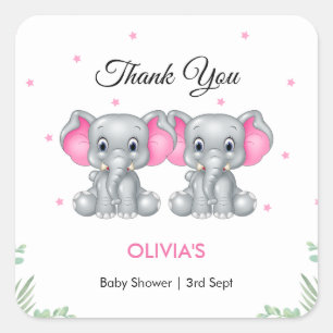Cute Elephant Twin Girls Baby Shower Thank You  Square Sticker