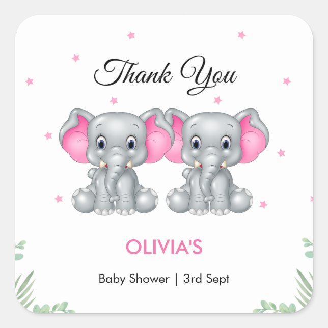 Cute Elephant Twin Girls Baby Shower Thank You  Square Sticker (Front)