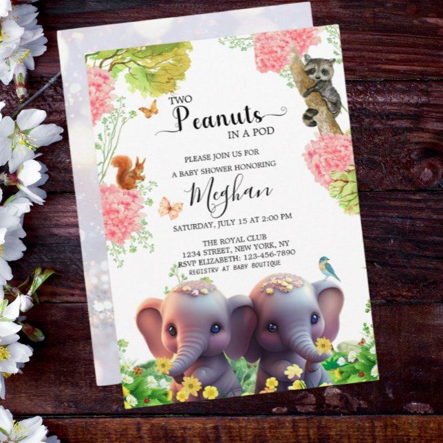 Cute Elephant Twins Baby Shower 2 Peanuts in a Pod Invitation (Creator Uploaded)