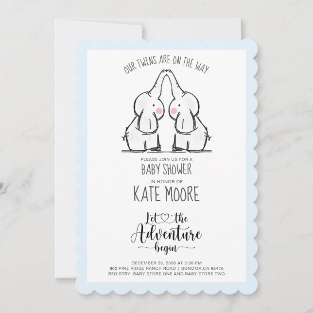 Cute Elephant Twins Baby Shower Blue Baby Boy Invitation (Front)