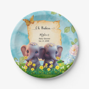 Cute Elephant Twins Baby Shower Blue Floral Paper Plate