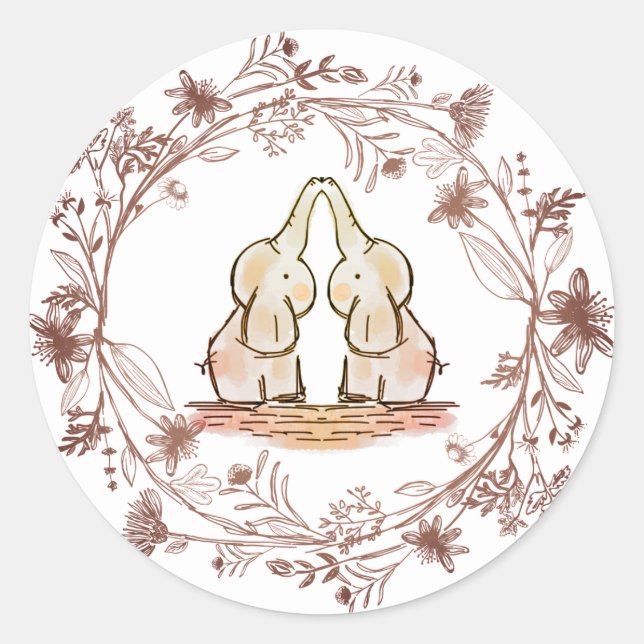 Cute Elephant Twins Baby Shower Classic Round Sticker (Front)