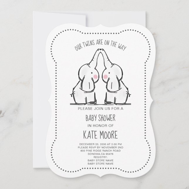 Cute Elephant Twins Baby Shower Invitation (Front)