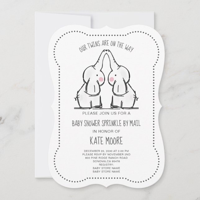 Cute Elephant Twins Baby Shower Sprinkle By Mail Invitation (Front)