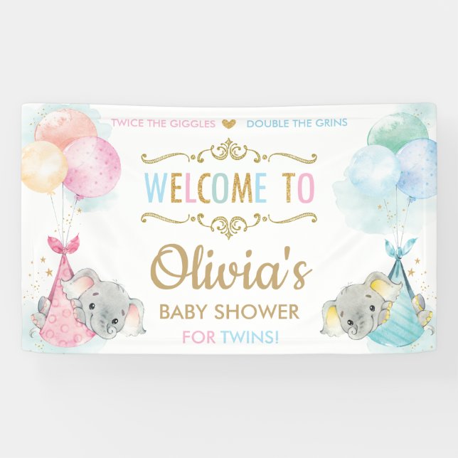 Cute Elephant Twins Boy Girl Baby Shower Backdrop Banner (Horizontal)