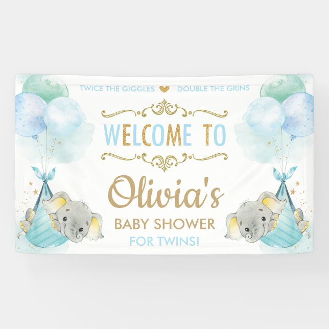 Cute Elephant Twins Boys Baby Shower Backdrop Banner (Horizontal)