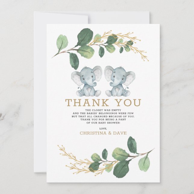 Cute Elephant Twins Greenery Gold Baby Shower Thank You Card (Front)