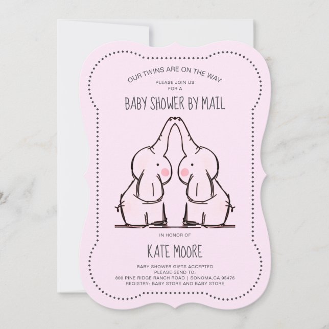 Cute Elephant Twins Pink Girl Baby Shower by Mail Invitation (Front)