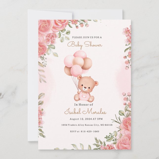 Cute Elephant Watercolor Baby Girl Shower Invitation (Front)