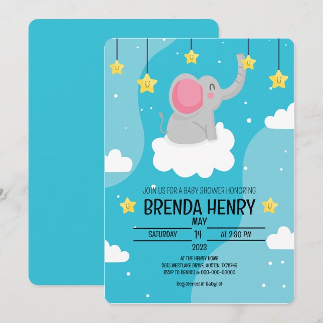 Cute Elephant Watercolor Baby Shower Announcement (Front/Back)