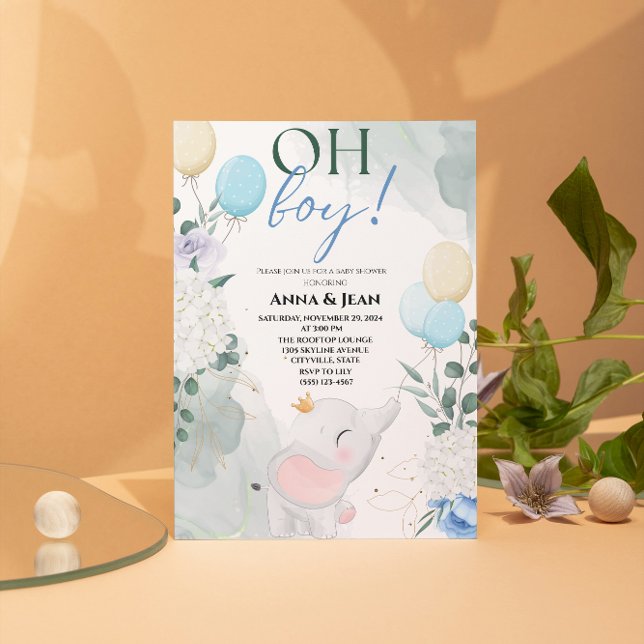 cute elephant Watercolor balloon baby shower boy Invitation (cute elephant Watercolor blue flower greenery balloon baby shower boy)