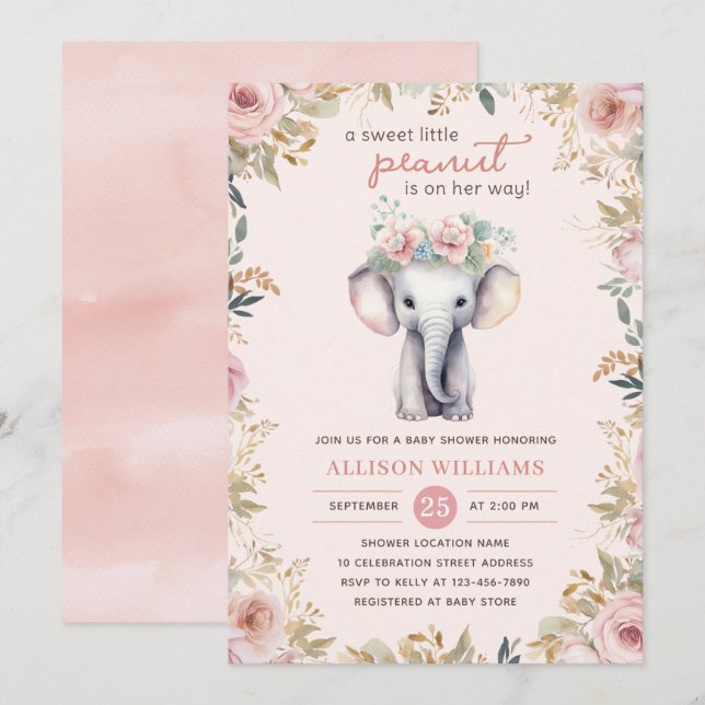 Cute Elephant Watercolor Floral Girl Baby Shower   Invitation (Front/Back)