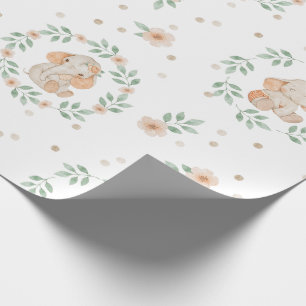 Cute Elephant Watercolor Green Wreath Baby Shower Wrapping Paper