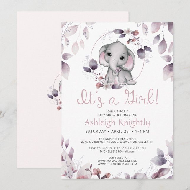 Cute Elephant Watercolor Greenery Girl Baby Shower Invitation (Front/Back)