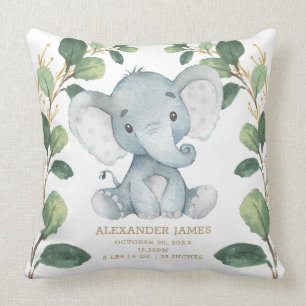 Cute Elephant Watercolor Greenery Gold Birth Stats Cushion