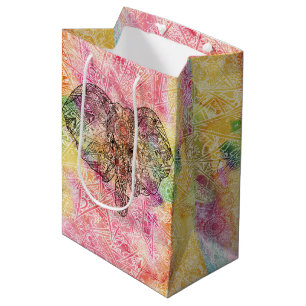 Cute Elephant Watercolor hand drawn Henna floral Medium Gift Bag
