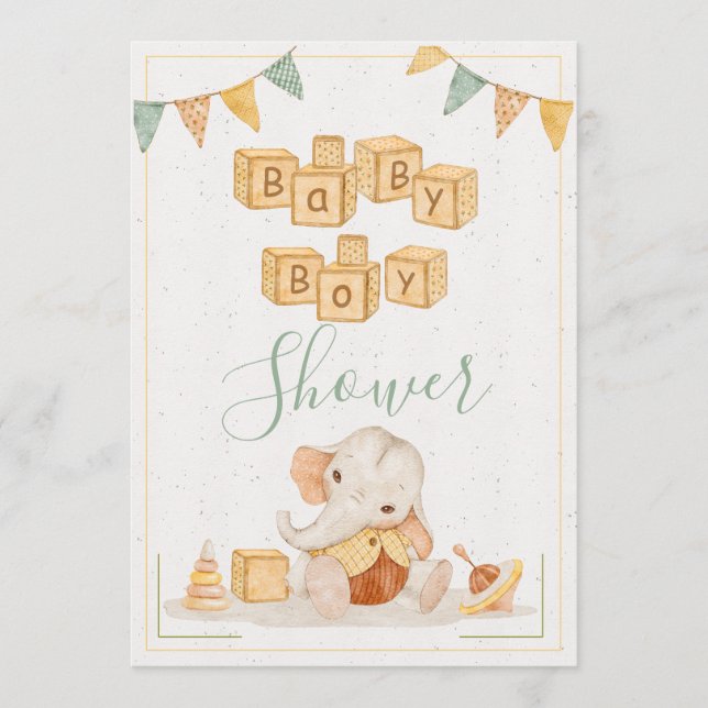 Cute Elephant Watercolor Simple Baby Boy Shower Invitation (Front)