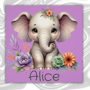 Cute Elephant Watercolor With Monogram Name Poster