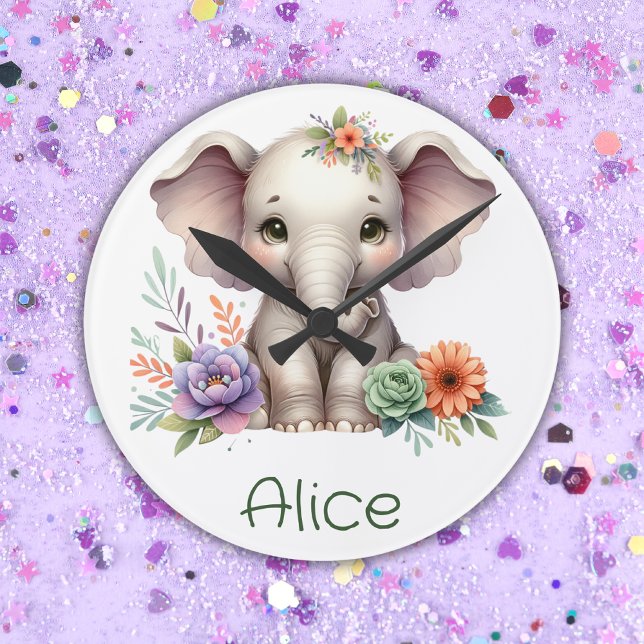 Cute Elephant Watercolor With Monogram Name | Round Clock (Creator Uploaded)