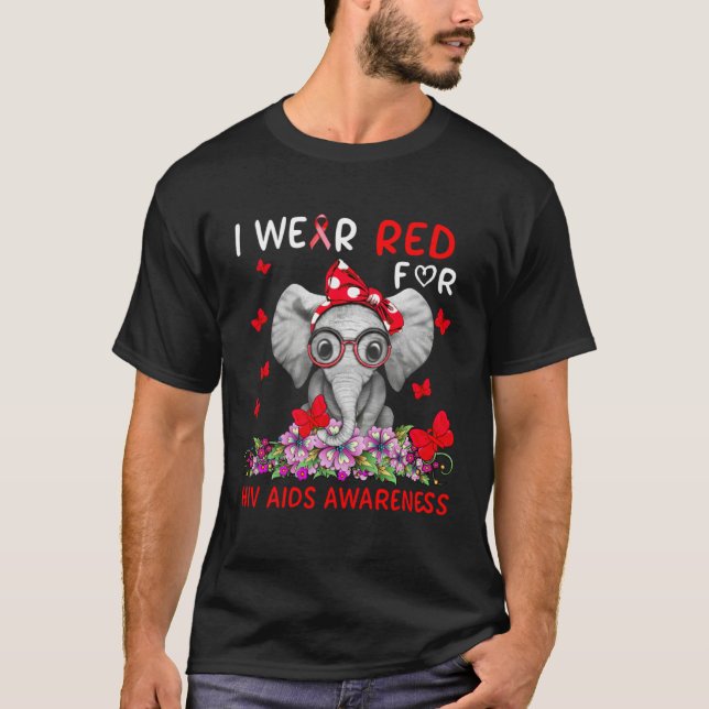 Cute Elephant Wear Red Ribbon For HIV AIDS Awarene T-Shirt (Front)