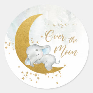 Cute Elephant We're Over the Moon Boy Baby Shower Classic Round Sticker