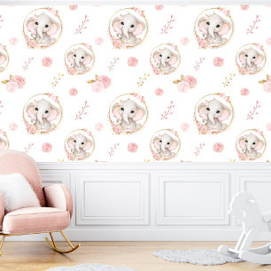 Cute Elephant White Pink Roses Floral Girl Wallpaper