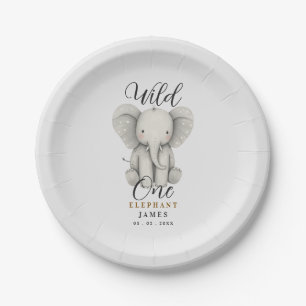 cute elephant wild first one birthday paper plate