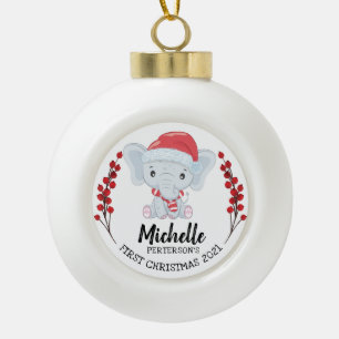 Cute Elephant Winter Holiday Baby's 1st Christmas Ceramic Ball Christmas Ornament