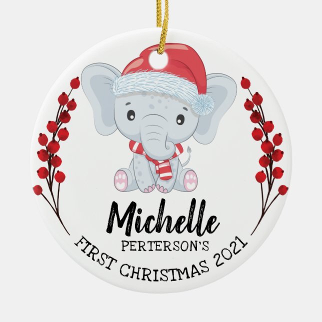 Cute Elephant Winter Holiday Baby's 1st Christmas Ceramic Tree Decoration (Front)