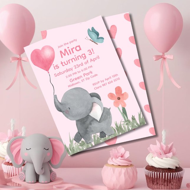 Cute Elephant with Ballon Birthday Party  Invitation (Creator Uploaded)