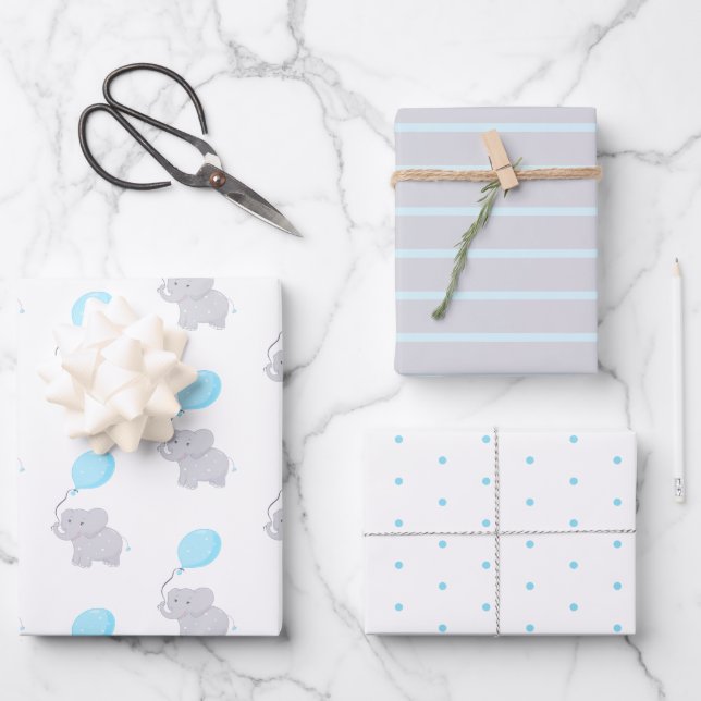 Cute Elephant with Balloon | Baby Boy Wrapping Paper Sheet (Front)