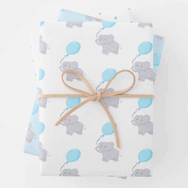 Cute Elephant with Balloon | Baby Boy Wrapping Paper Sheet (In situ)